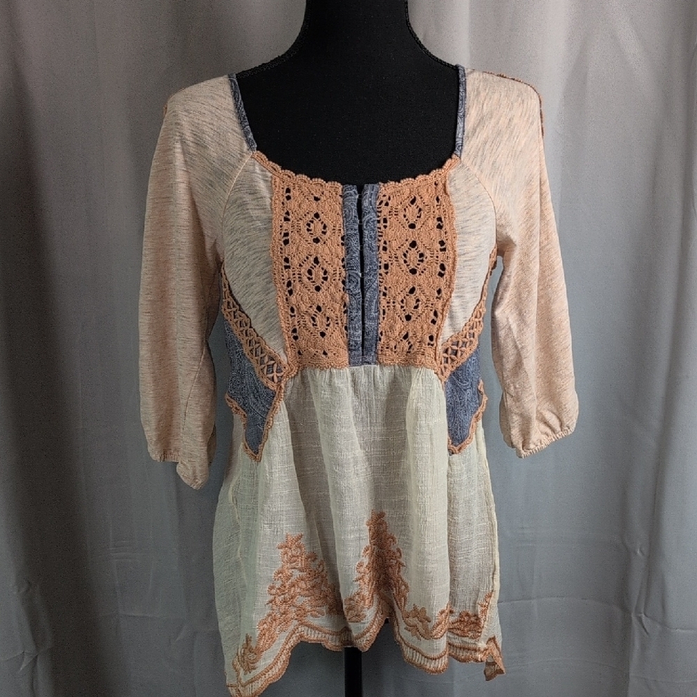Women's Boho Chic Top - Cream and Blue